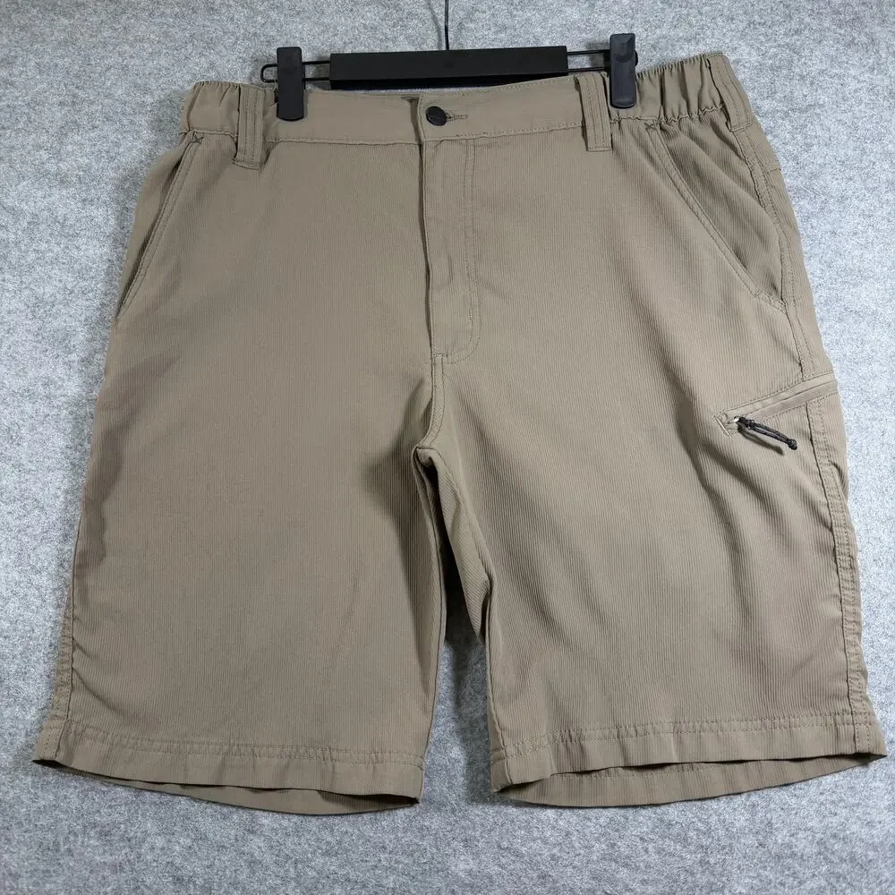 Wrangler ATG Cargo Shorts Mens 34 Khaki Elastic Waist Zip Pocket Outdoor Hiking